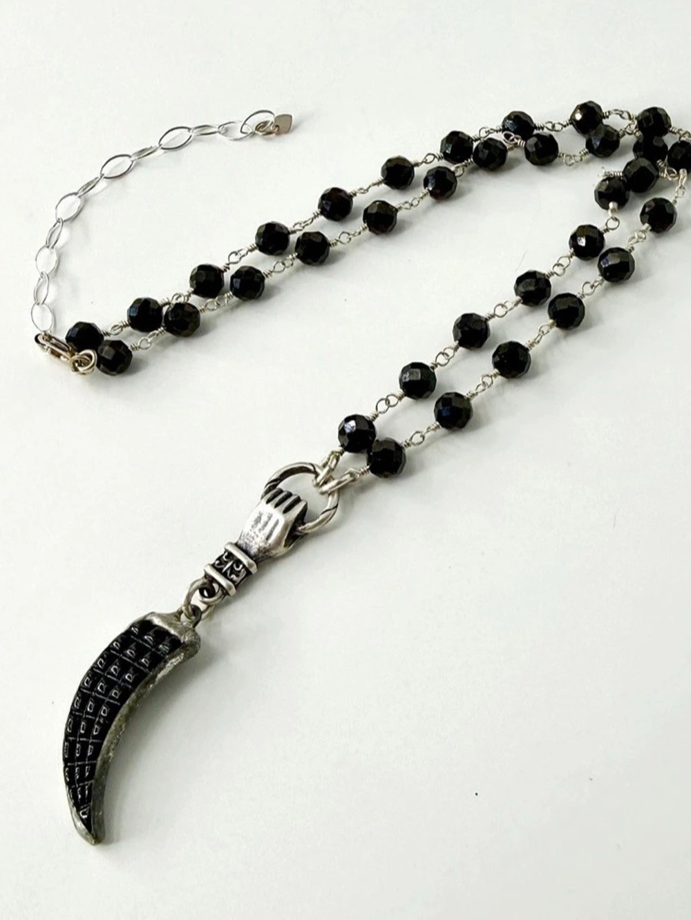 Vintage Glass Hand Necklace, Sterling Silver Victorian Style Black Spindel Neckl